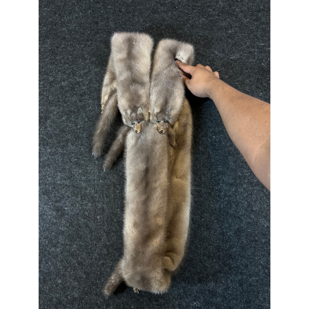 Vintage Genuine Mink Fur 4-Pelt Stole Scarf Taupe Taxidermy Heads Tails Wrap